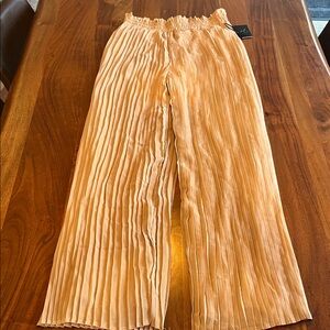 Wide leg Accordion Pleated Dress Pants Flowy Lightweight Lined tan peachy